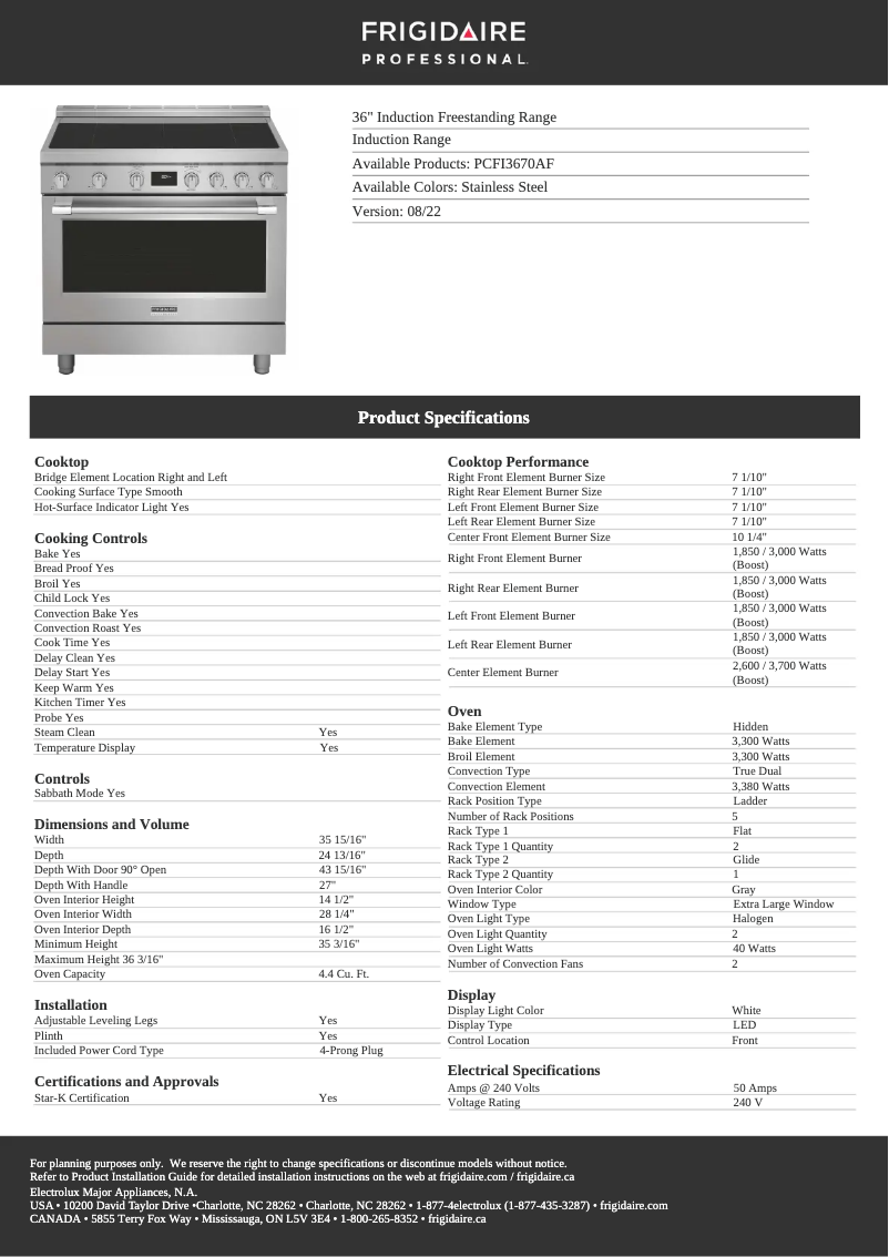 Page n°1 - Fiche technique Frigidaire PCFI3670AF