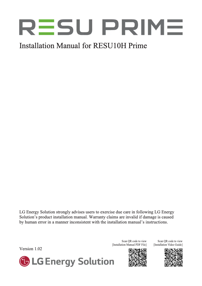 Page 1 de la notice Manuel utilisateur LG RESU10H Prime