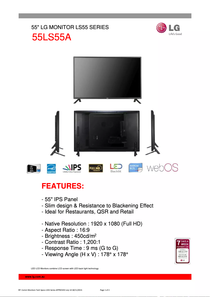 Page 1 of the manual Technical Sheet LG 55LS55A