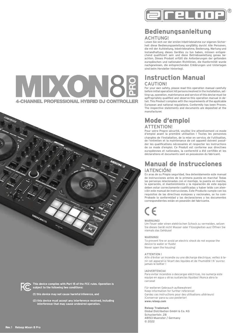Page 1 de la notice Manuel utilisateur Reloop Mixon 8 Pro