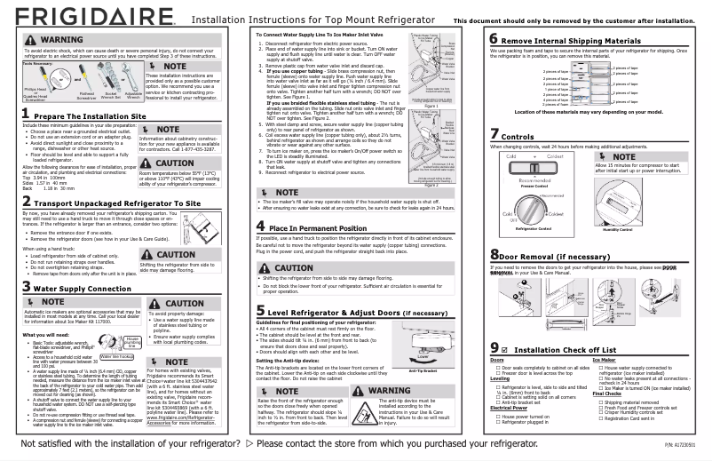 Page 1 de la notice Guide d'installation Frigidaire FFHT1425VB