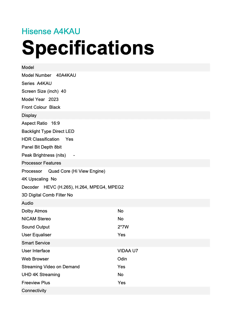 Page n°1 - Fiche technique Hisense 40A4KAU