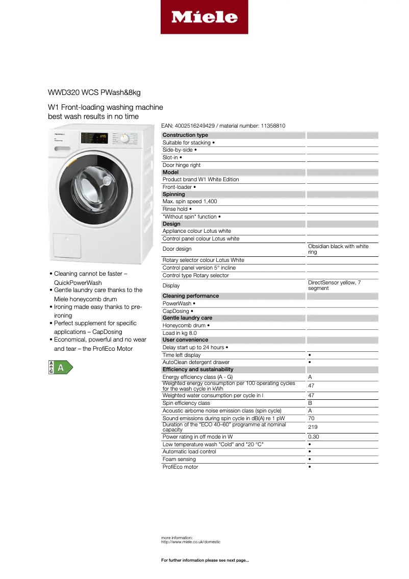 Page n°1 - Fiche technique Miele WWD 320 WCS