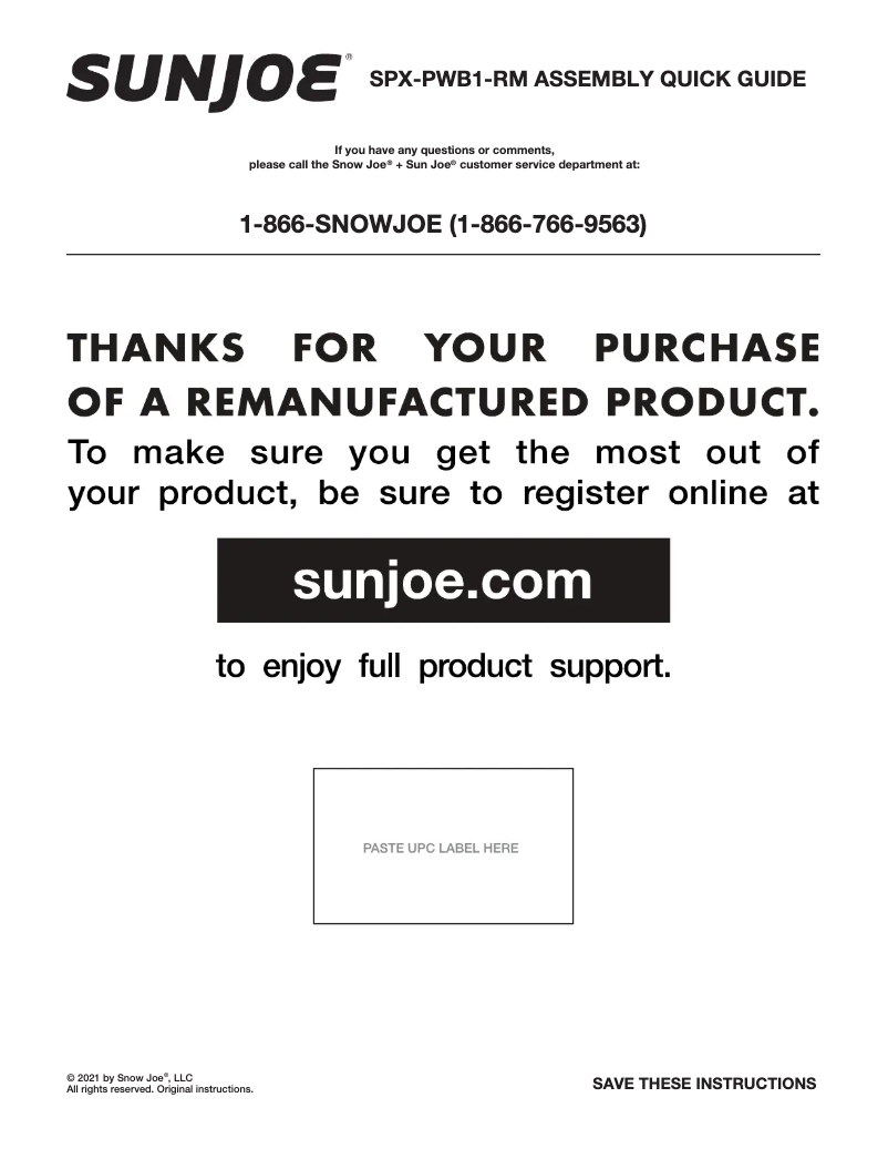Page 1 de la notice Manuel utilisateur Sun Joe SPX-PWB1-RM
