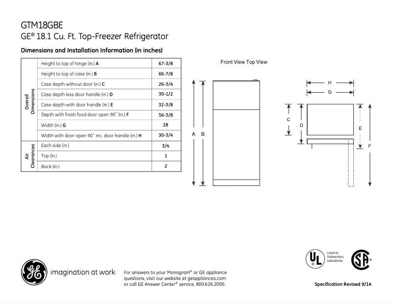 Página 1 del manual Ficha técnica GE GTM18GBEES