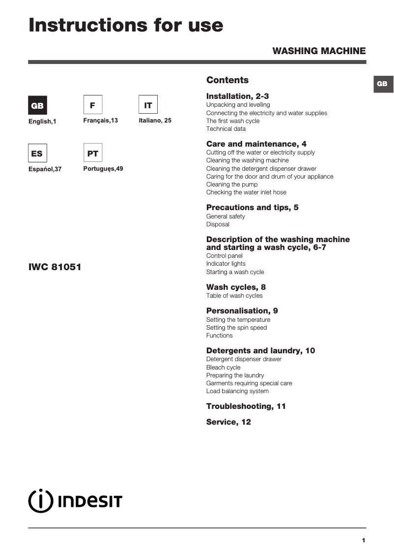 Page 1 de la notice Manuel utilisateur Indesit IWC 81051 C ECO EU.M