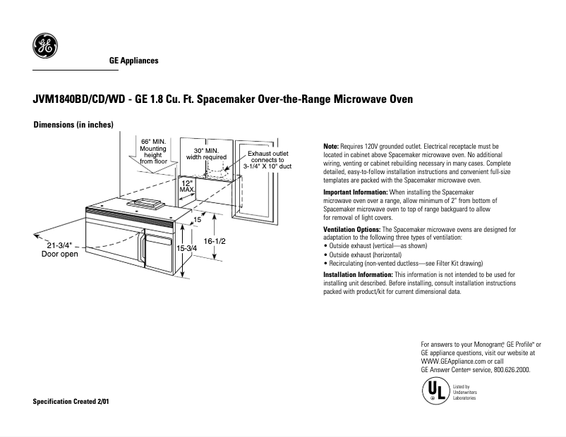 Page 1 de la notice Fiche technique GE JVM1840WD