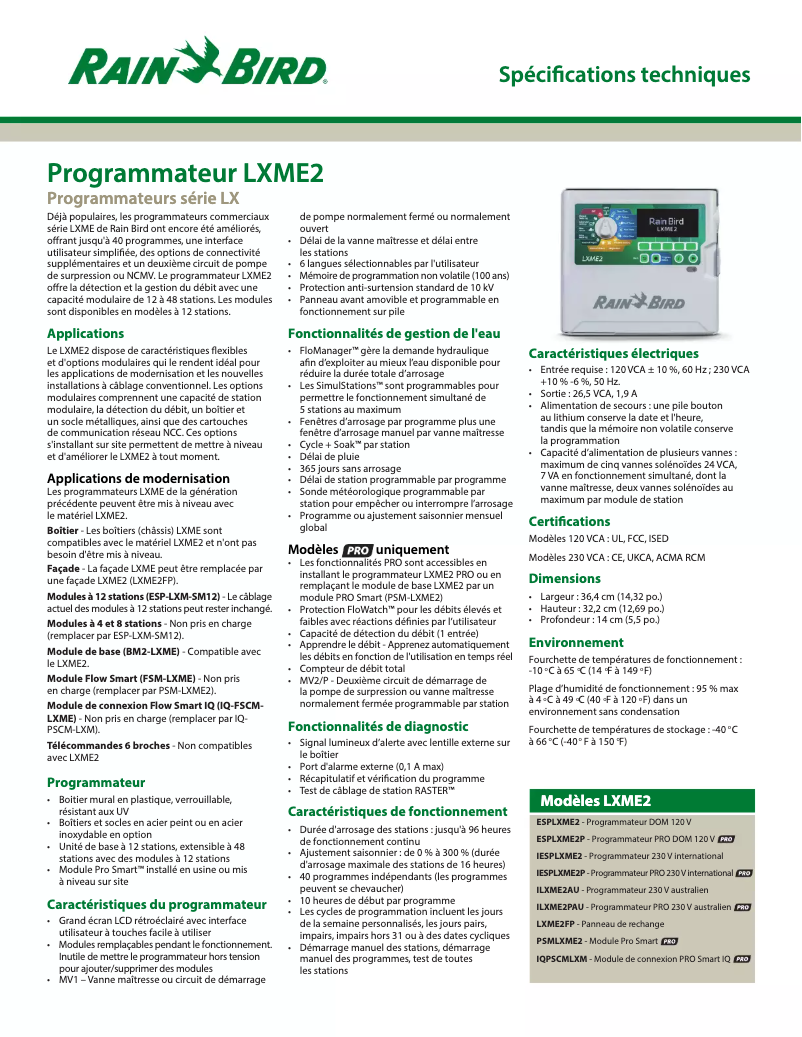 Página 1 del manual Ficha técnica Rain Bird ESP-LXME2