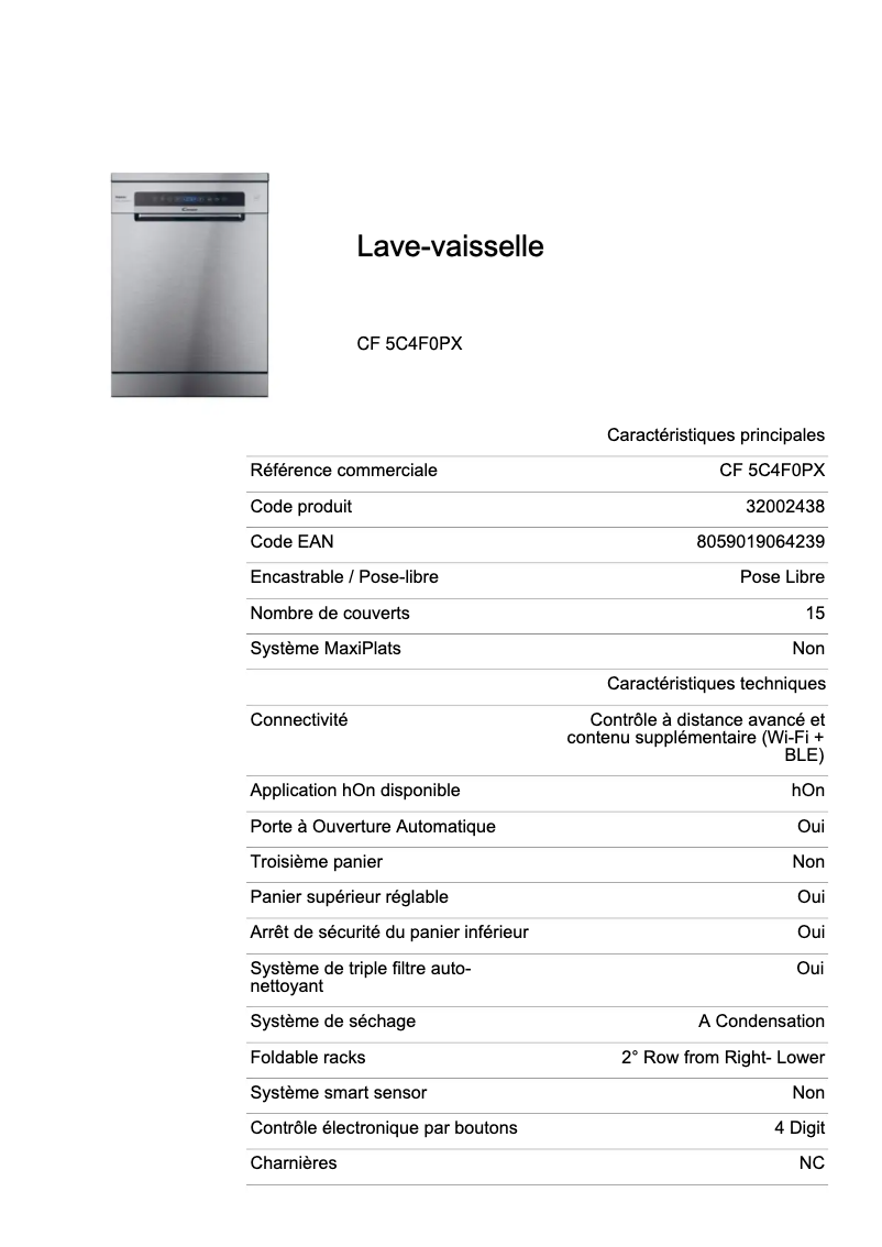 Page 1 de la notice Fiche technique Candy CF 5C4F0PX