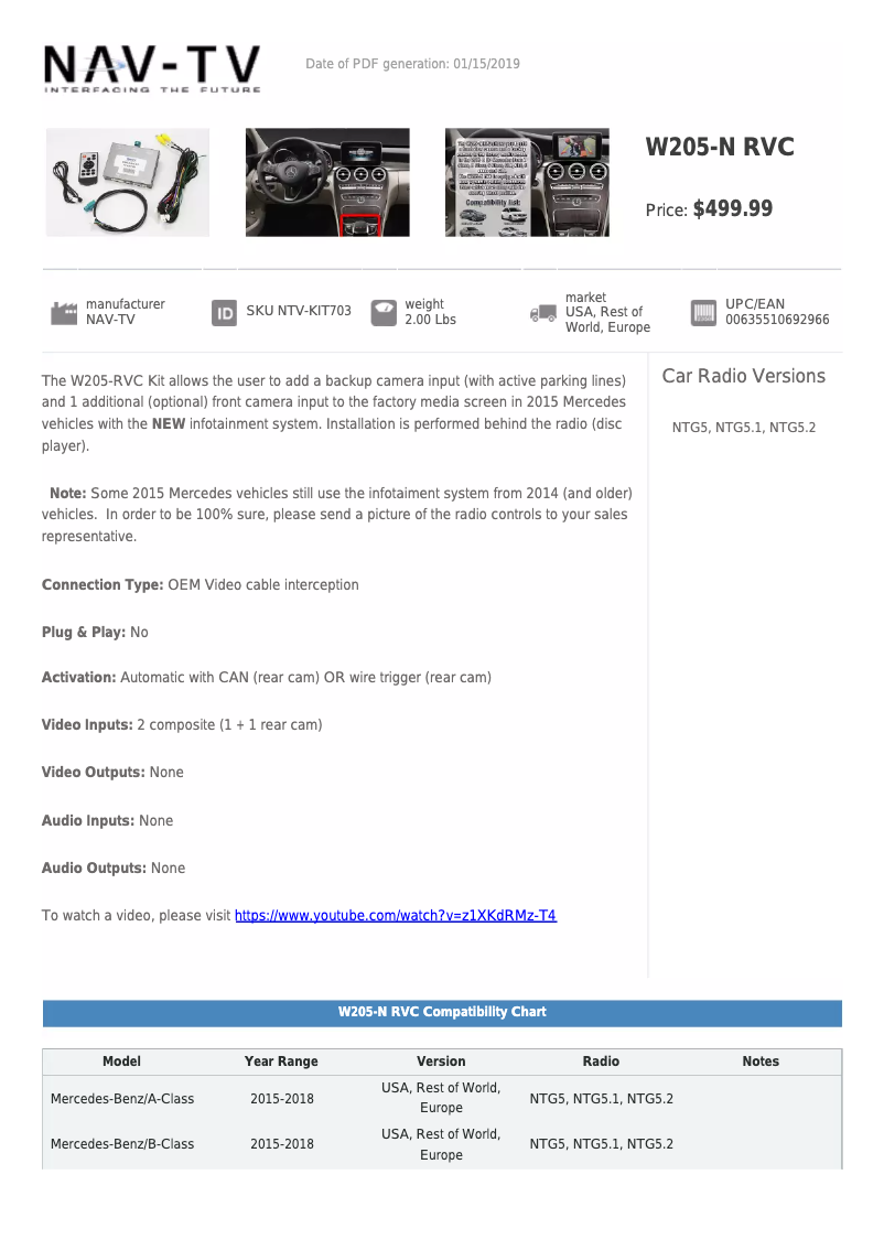 Page n°1 - Fiche technique NAV-TV NTV-KIT703