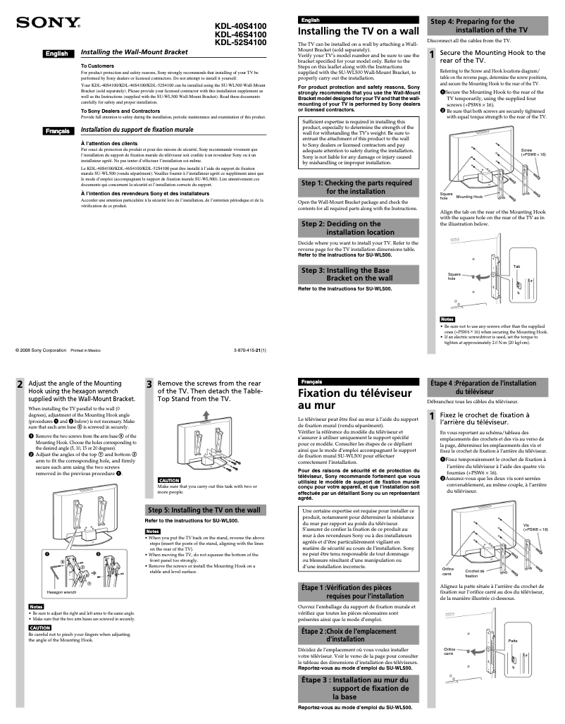 Page 1 de la notice Manuel utilisateur Sony Bravia KDL-52S4100