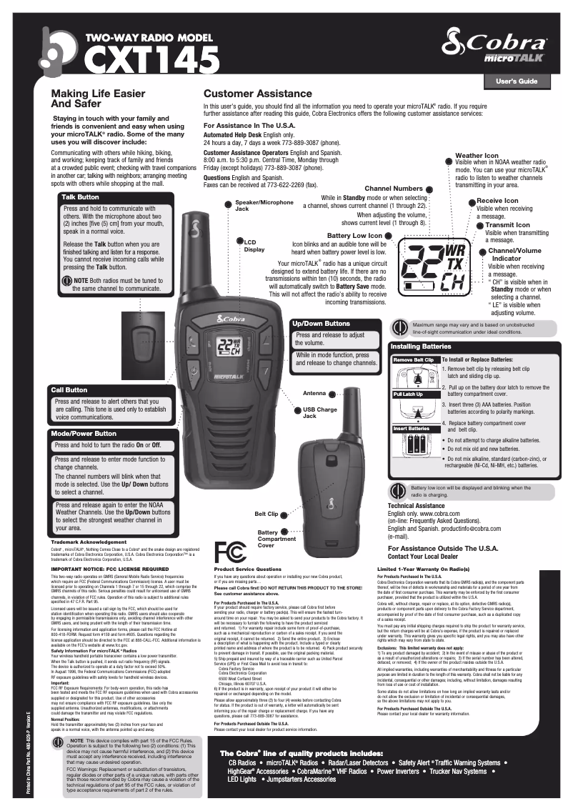 Página 1 del manual Manual de usuario Cobra MicroTalk CXT145