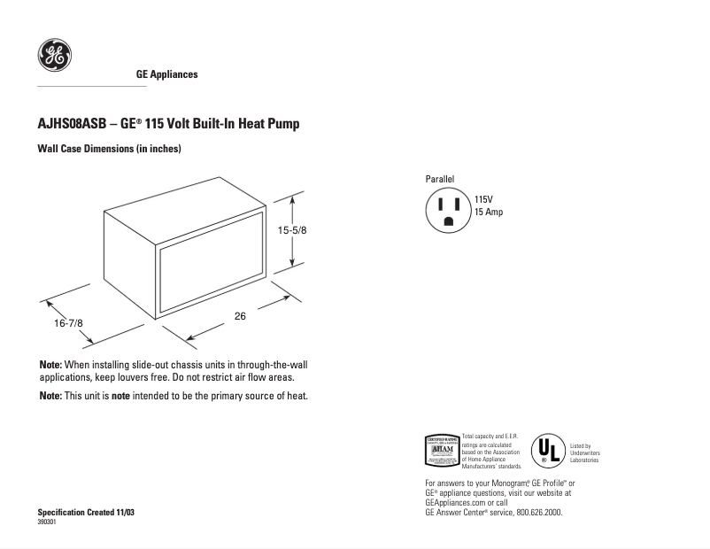 Page n°1 - Fiche technique GE AJHS08ASB