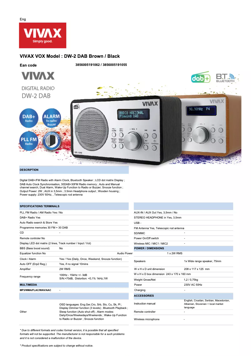 Page 1 de la notice Fiche technique Vivax DW-2