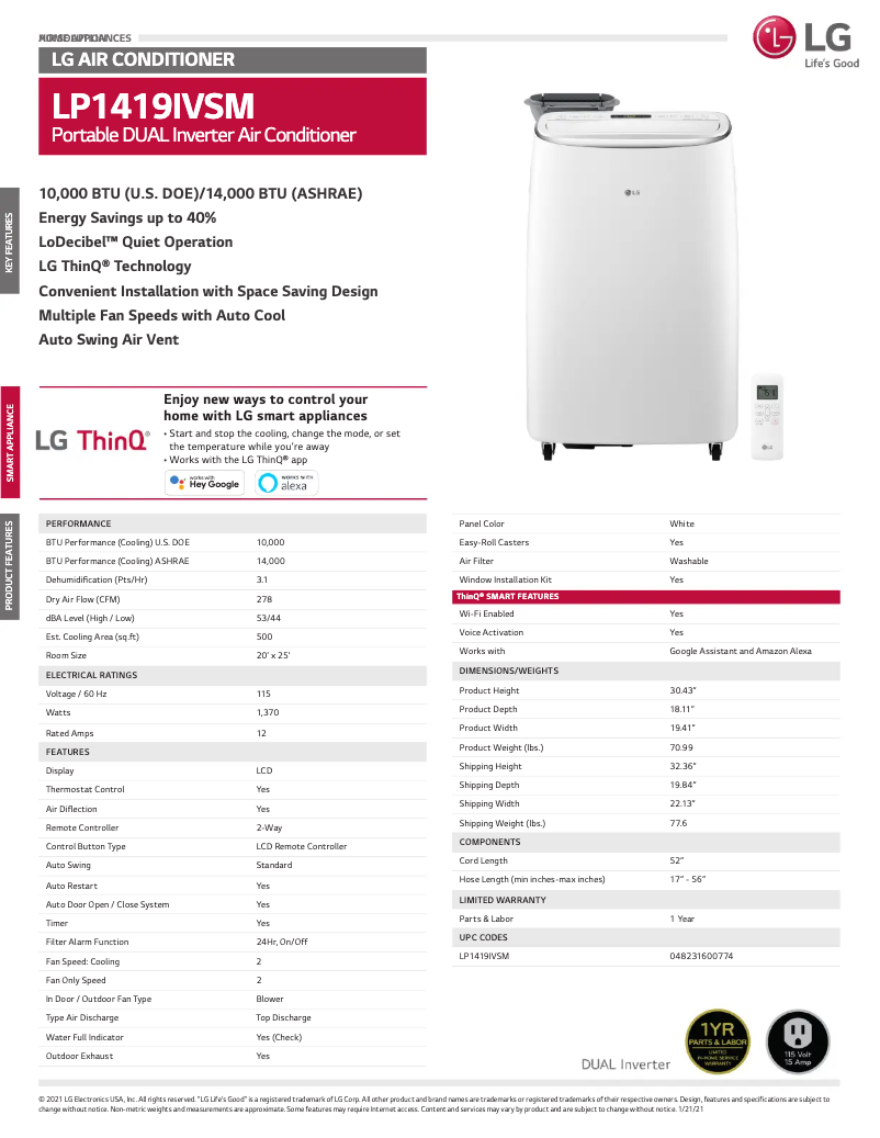 Page 1 de la notice Fiche technique LG LP1419IVSM
