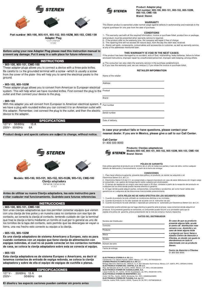 Page n°1 - Manuel utilisateur Steren 905-103