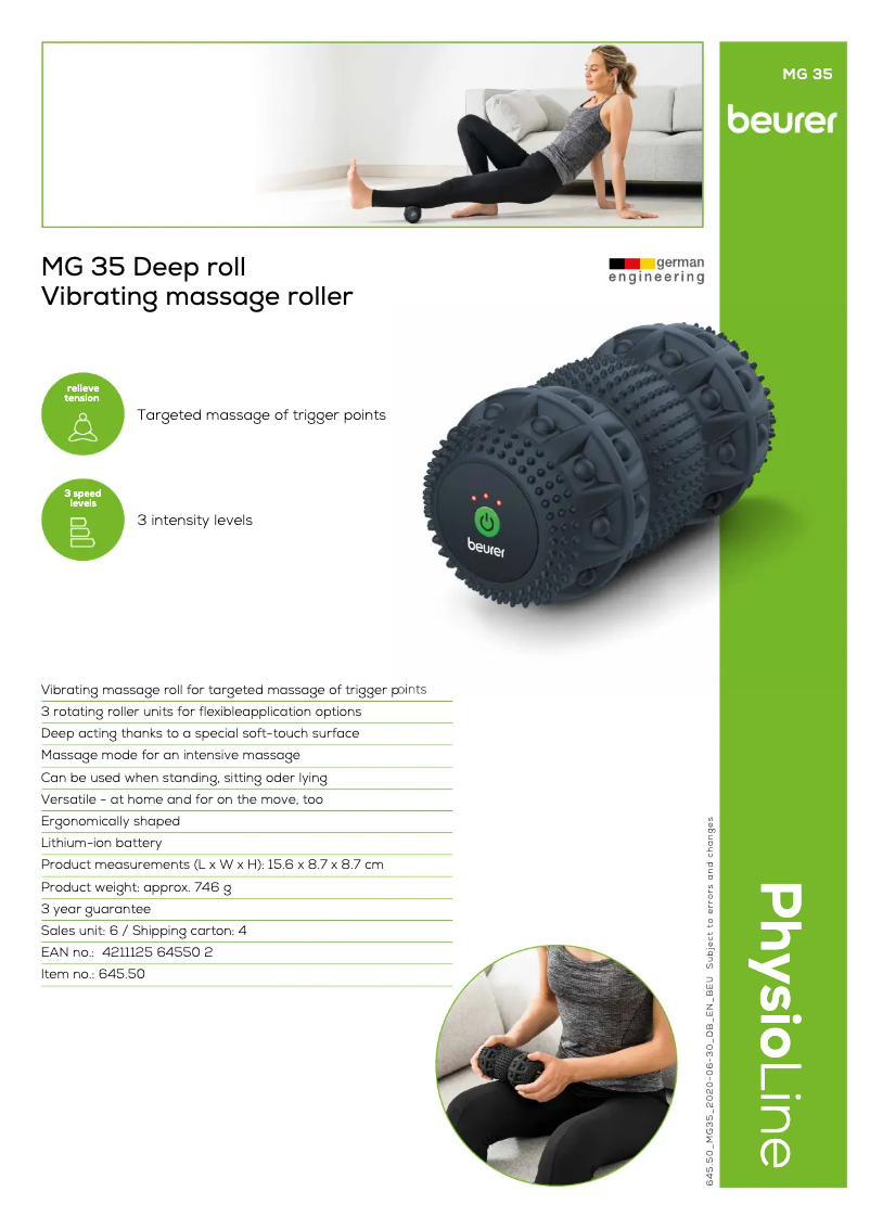 Page 1 de la notice Fiche technique Beurer MG 35 Deep Roll