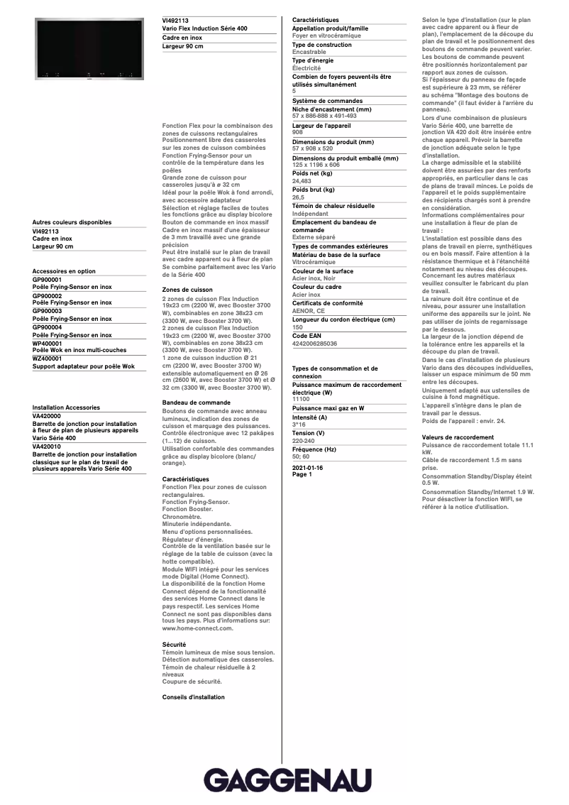 Página 1 del manual Ficha técnica Gaggenau VI492113