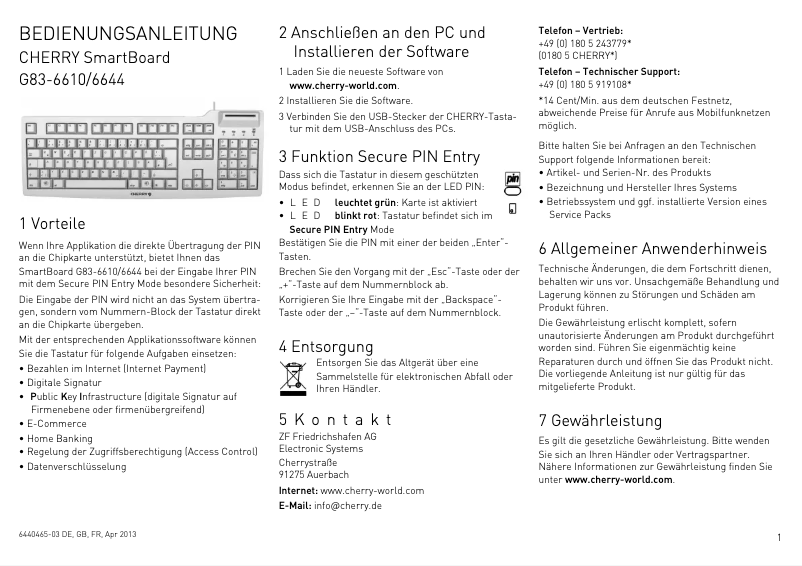 Page 1 de la notice Manuel utilisateur Cherry SmartBoard G83-6644