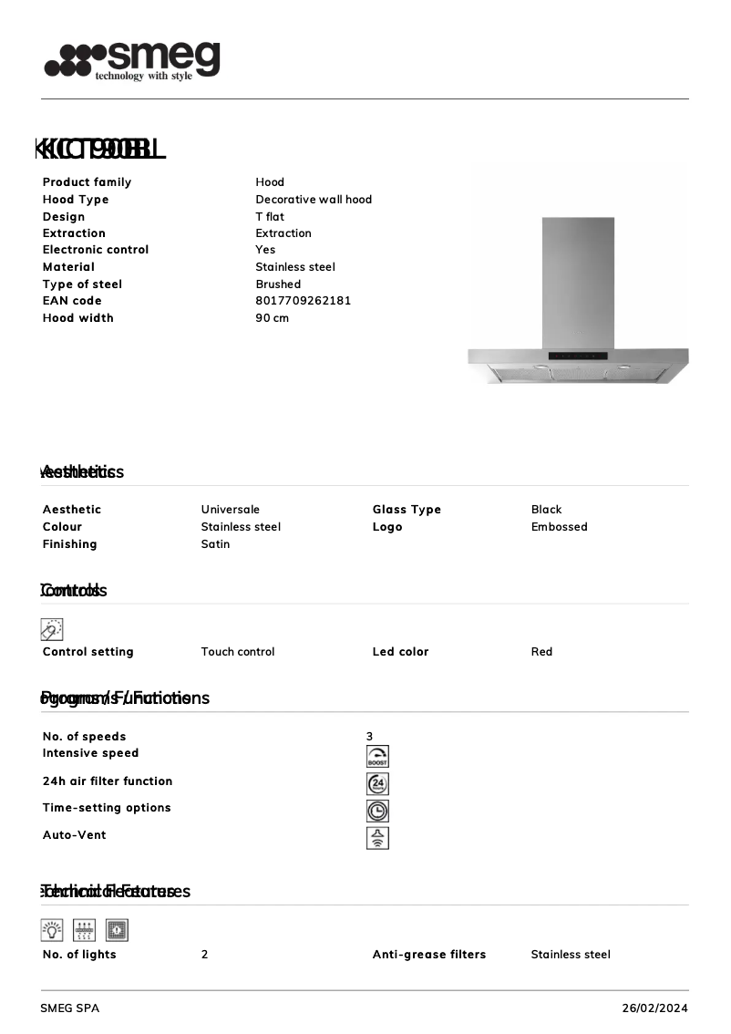 Page 1 de la notice Fiche technique Smeg KICT90BL