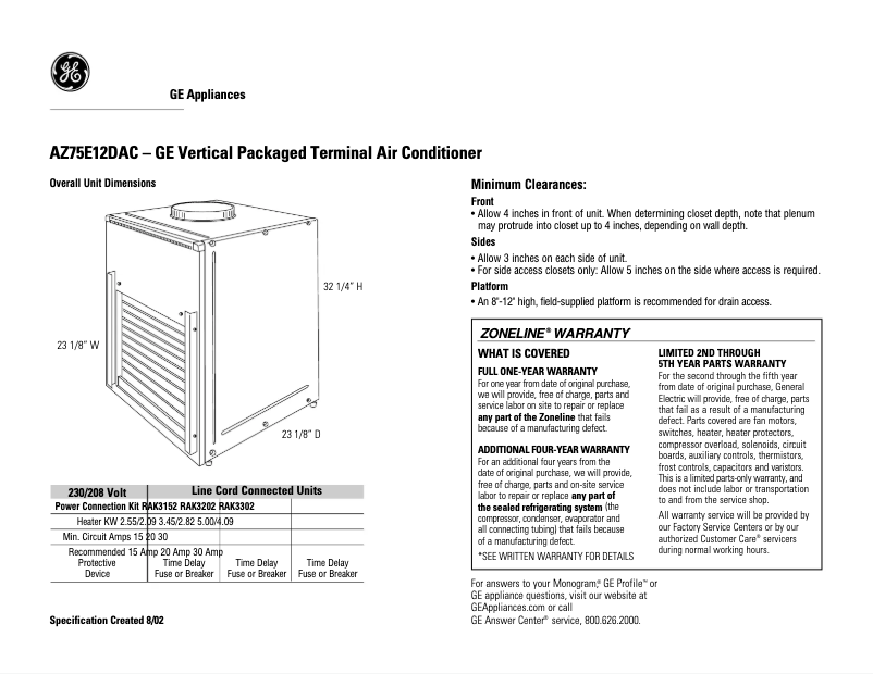 Page 1 de la notice Fiche technique GE AZ75E12DAC