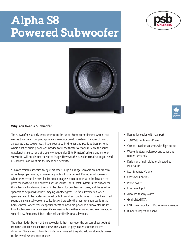 Page 1 of the manual Technical Sheet PSB Alpha S8
