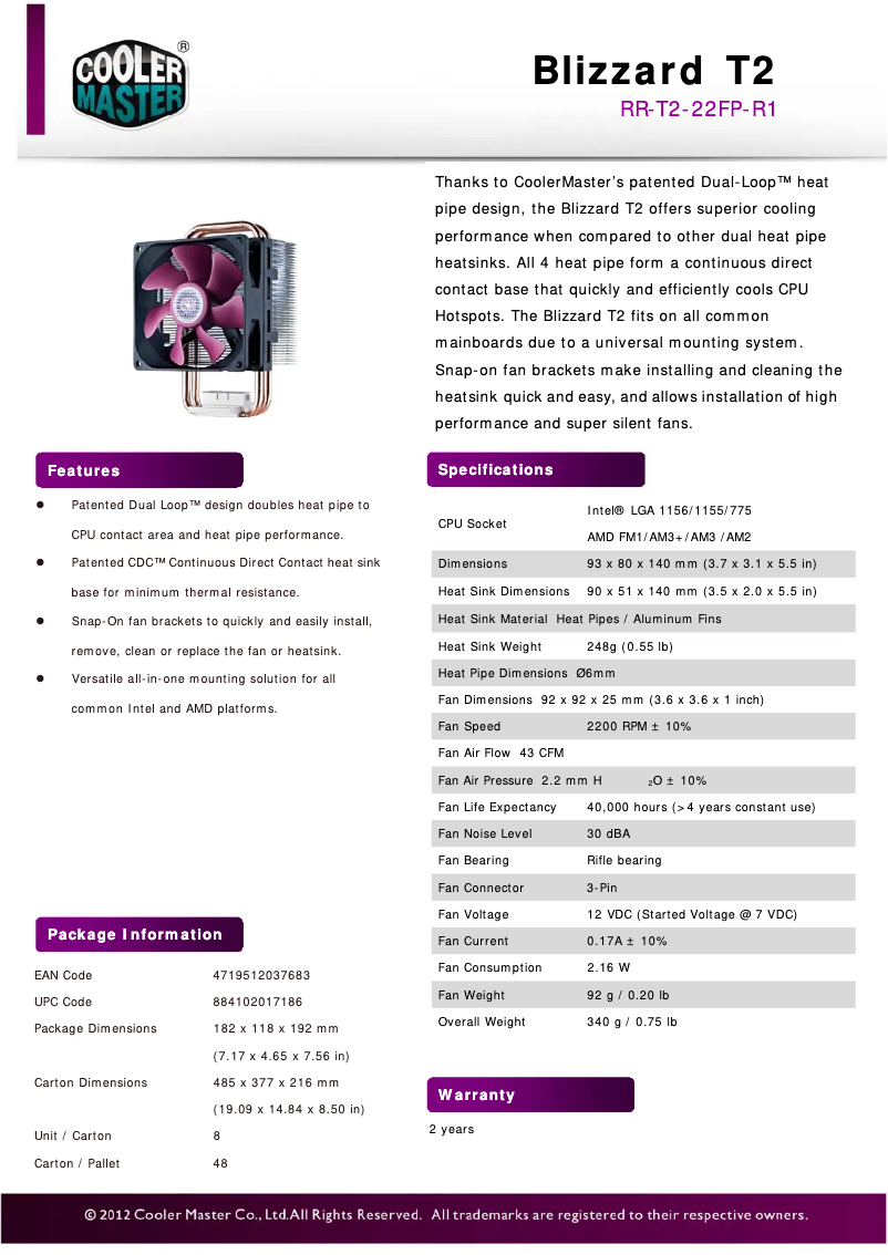 Page 1 de la notice Fiche technique Cooler Master Blizzard T2