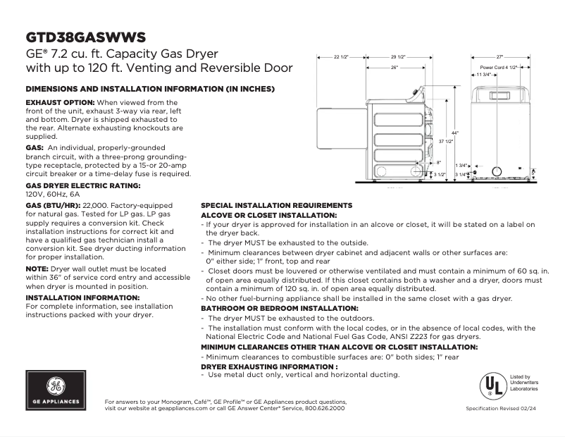 Página 1 del manual Ficha técnica GE GTD38GASWWS