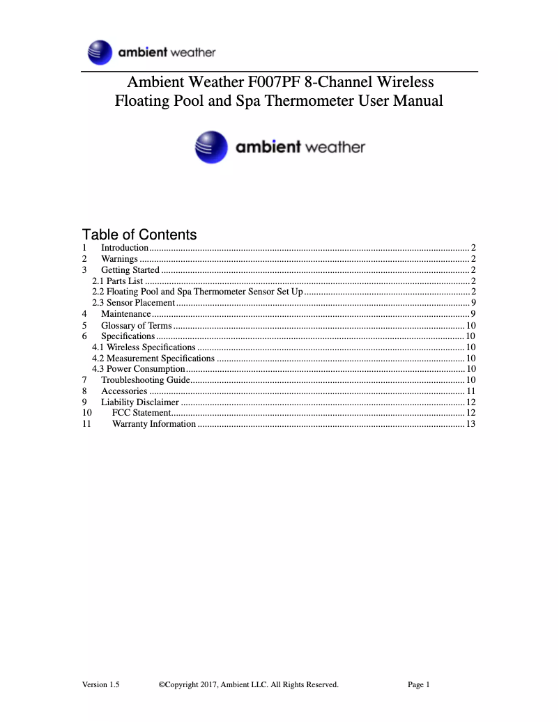 Page n°1 - Manuel utilisateur Ambient Weather F007PF