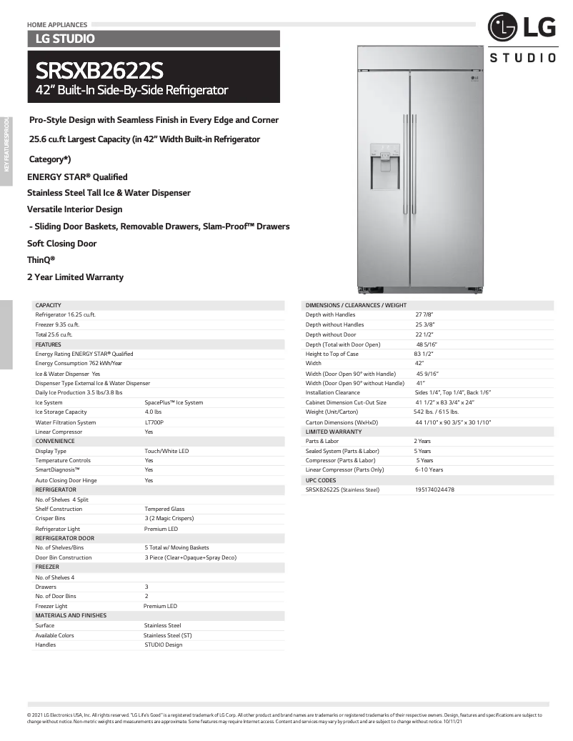 Page 1 de la notice Fiche technique LG SRSXB2622S