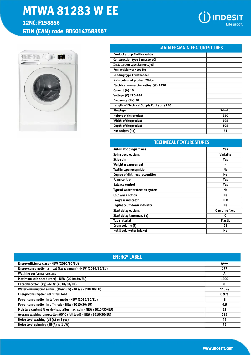 Página 1 del manual Ficha técnica Indesit MTWA 81283 W EE