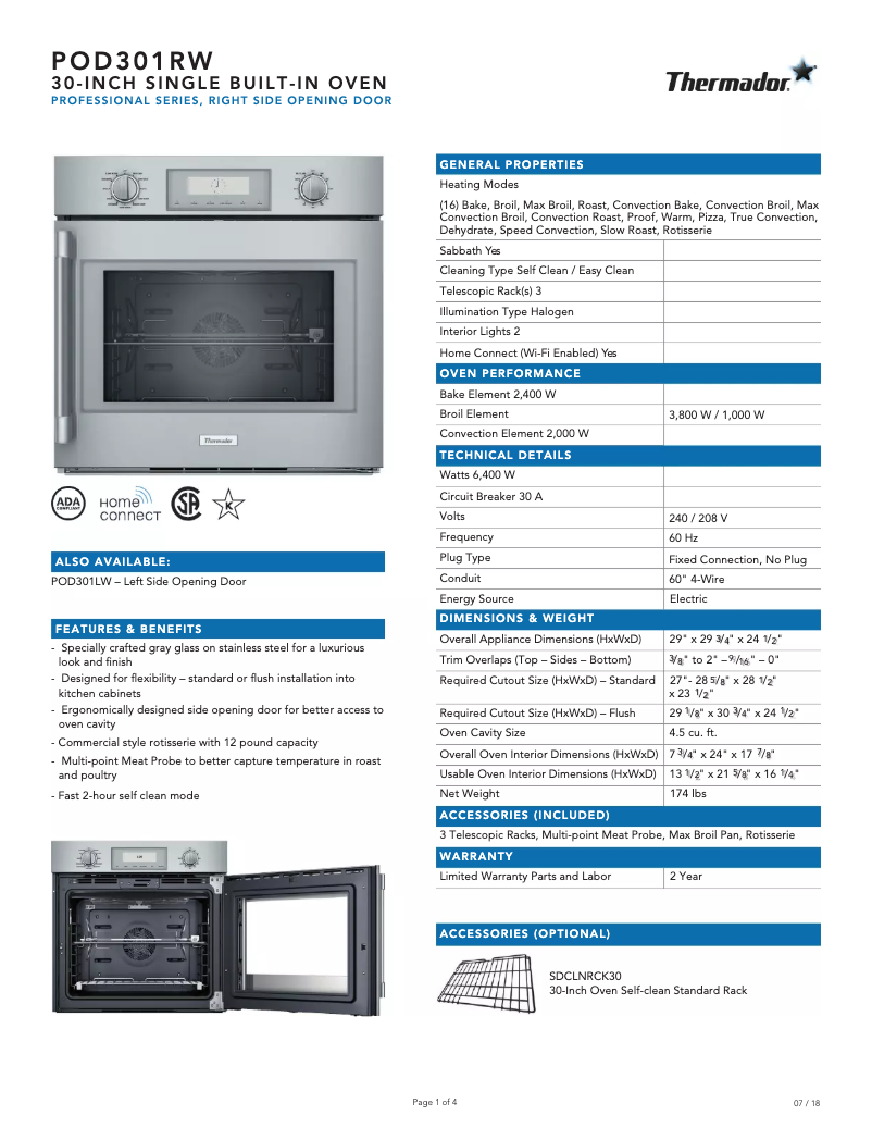 Page 1 of the manual Technical Sheet Thermador POD301RW