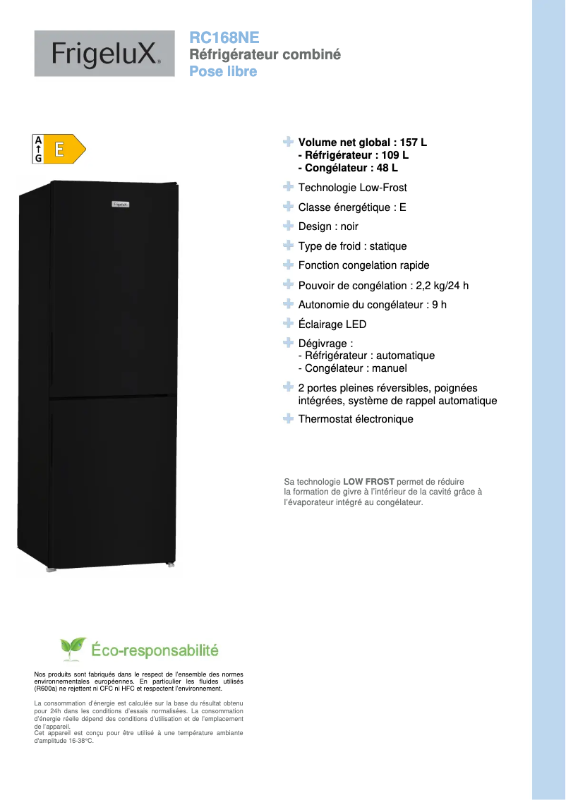 Page 1 de la notice Fiche technique FrigeluX RC168NE
