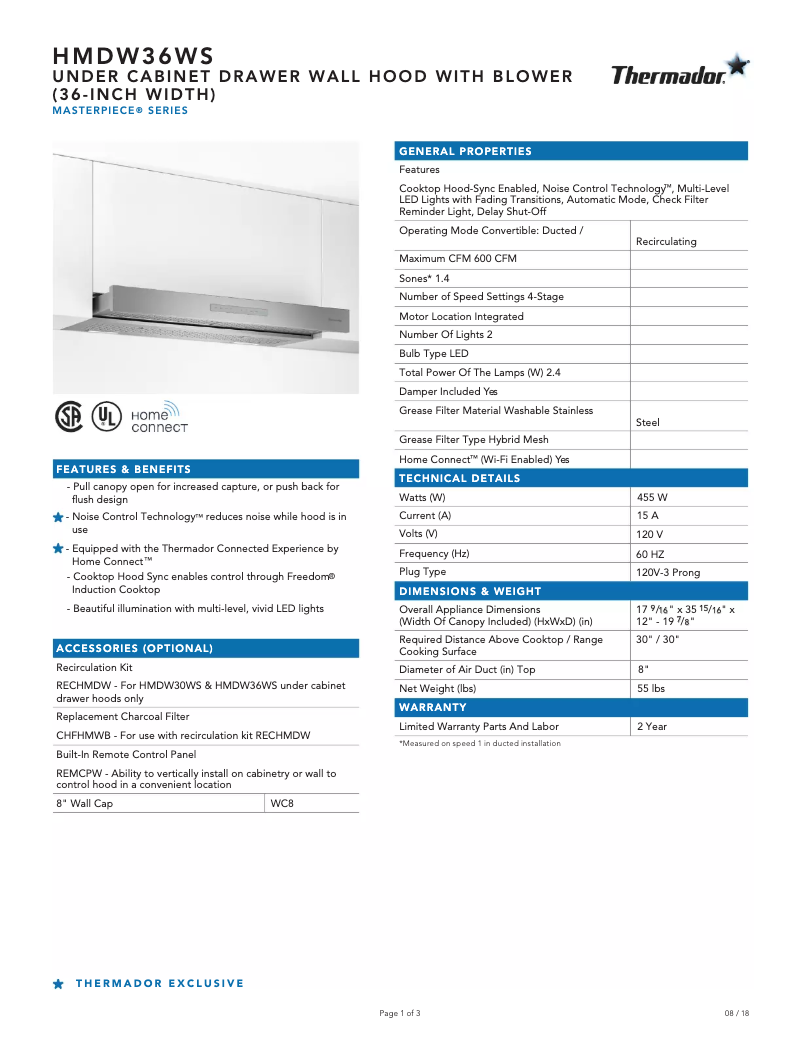 Page 1 de la notice Fiche technique Thermador HMDW36WS
