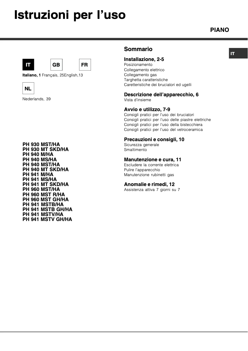 Page 1 de la notice Manuel utilisateur Hotpoint PH 941MSTB GH/HA