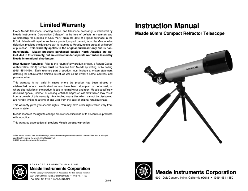 Page n°1 - Manuel utilisateur Meade ShortTube 60AZ-T