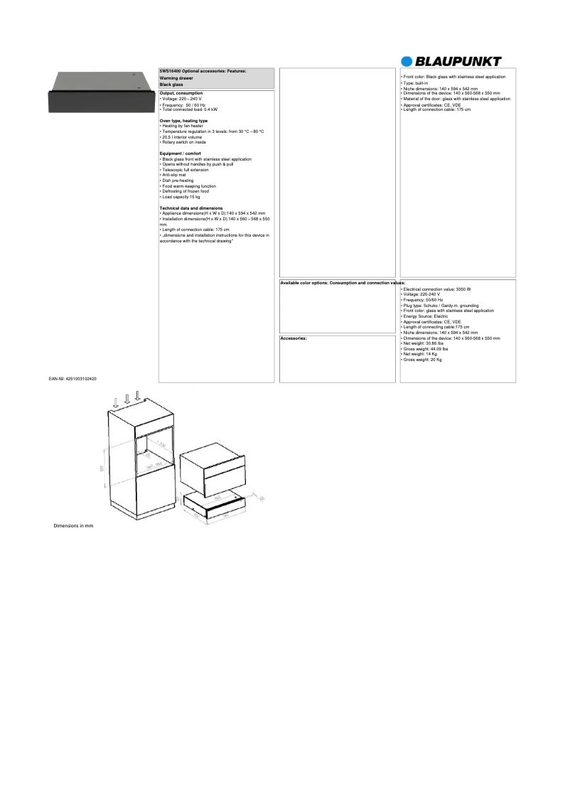 Page n°1 - Fiche technique Blaupunkt 5WS16400AU