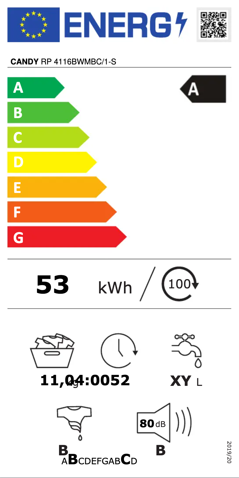 Page 1 de la notice Label énergétique Candy RP 4116BWMBC/1-S