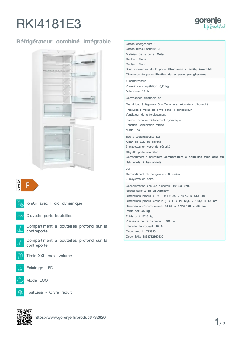 Page n°1 - Fiche technique Gorenje RKI4181E3