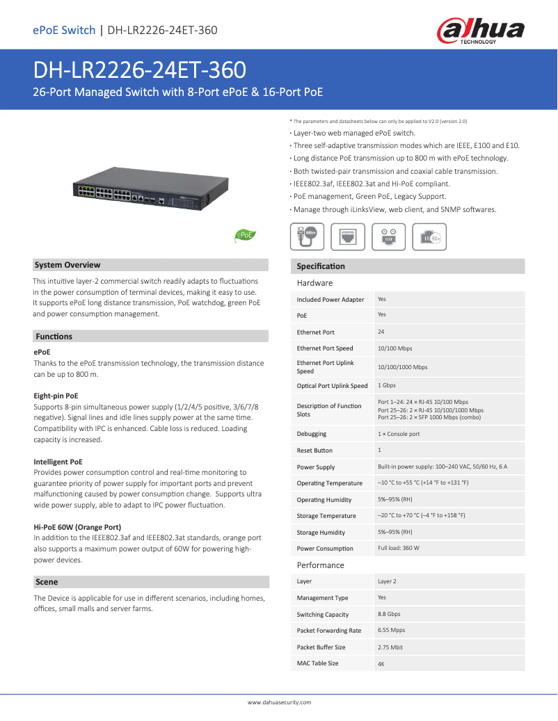 Page 1 de la notice Fiche technique Dahua Technology LR2226-24ET-360
