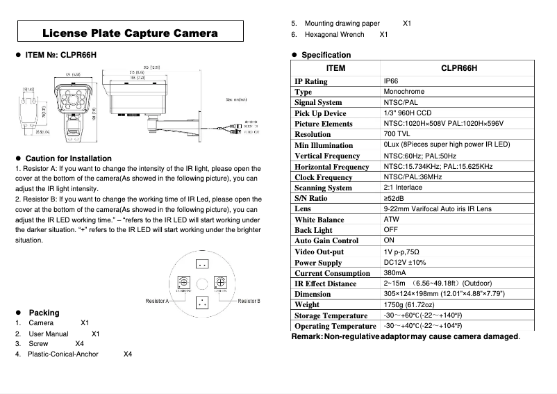 Page 1 de la notice Manuel utilisateur Speco Technologies CLPR66H