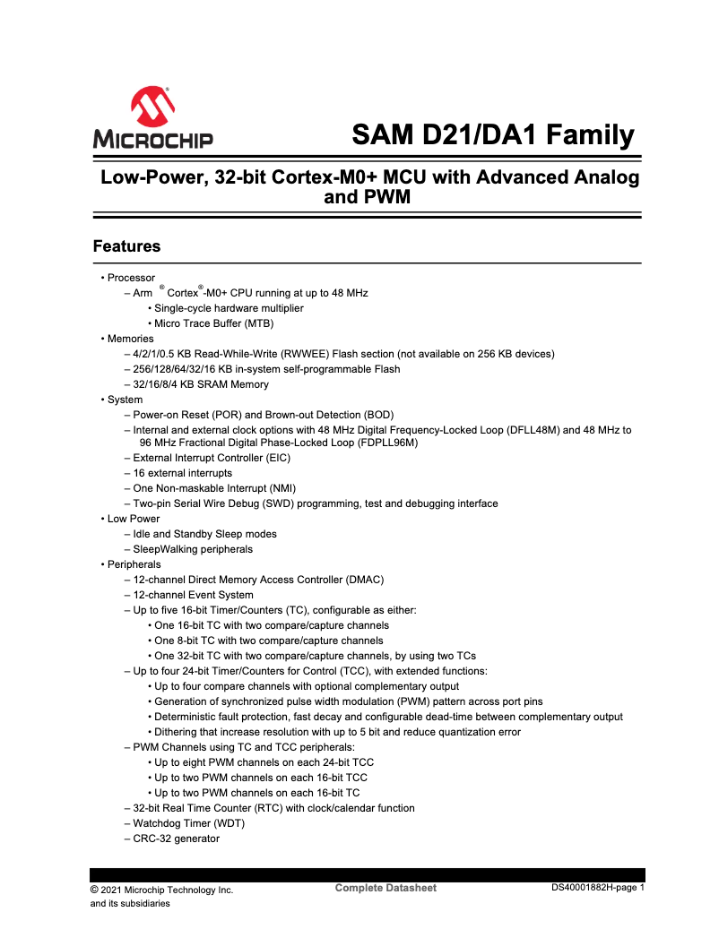 Page 1 de la notice Fiche technique Microchip ATSAMD21G16L
