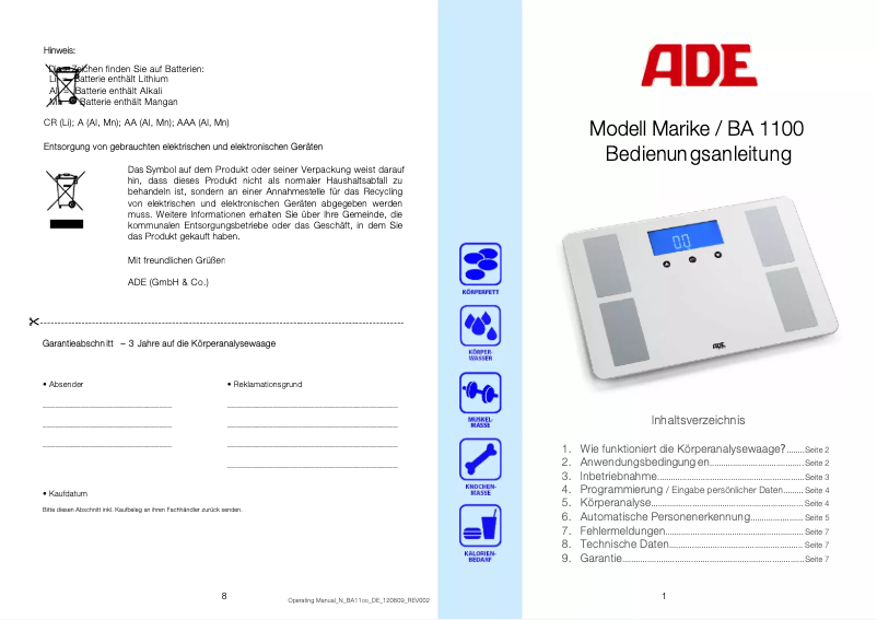 Page 1 de la notice Manuel utilisateur ADE Marike BA 1100