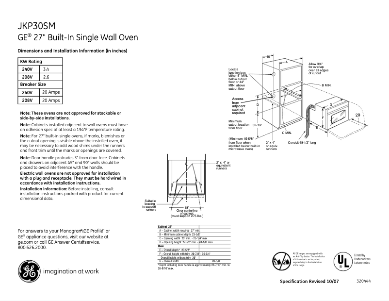 Page 1 de la notice Fiche technique GE JKP30SMSS