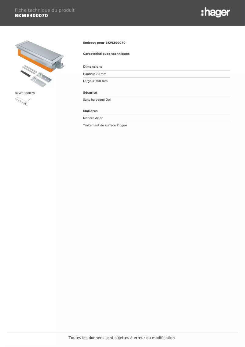 Page 1 de la notice Fiche technique Hager BKWE300070