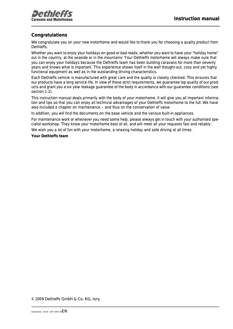 Page n°1 - Manuel utilisateur Dethleffs Motorhome Premium Class (2010)