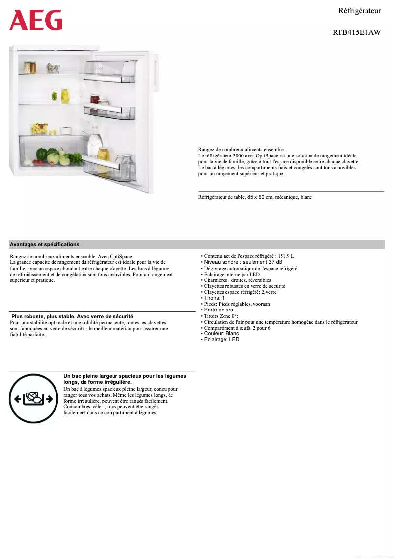 Page 1 de la notice Fiche technique AEG RTB415E1AW