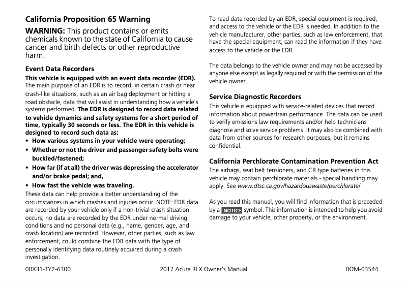 Page 1 de la notice Manuel utilisateur Acura RLX (2017)