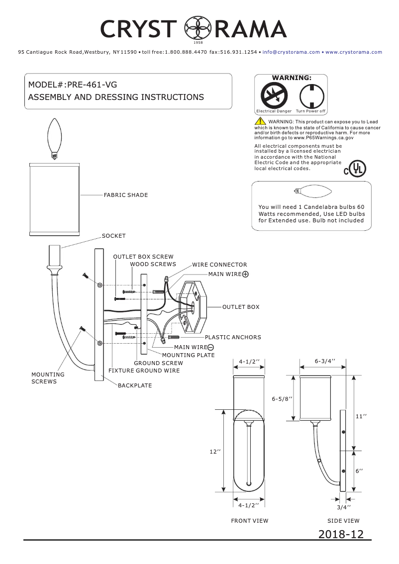 Page n°1 - Manuel utilisateur Crystorama Preston PRE-461-VG