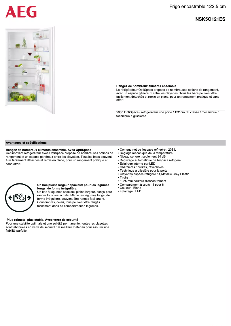 Page 1 de la notice Fiche technique AEG NSK5O121ES